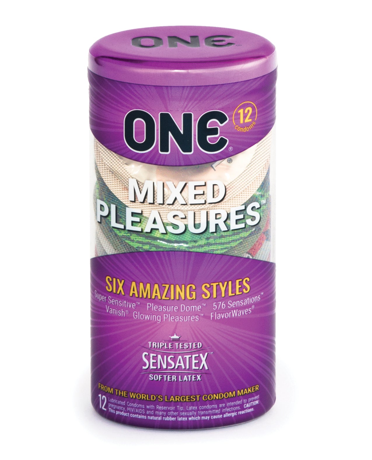 ONE Condoms Mix Pleasure Box containing 12 premium condoms in various styles and colors, showcasing the packaging and variety of options available.